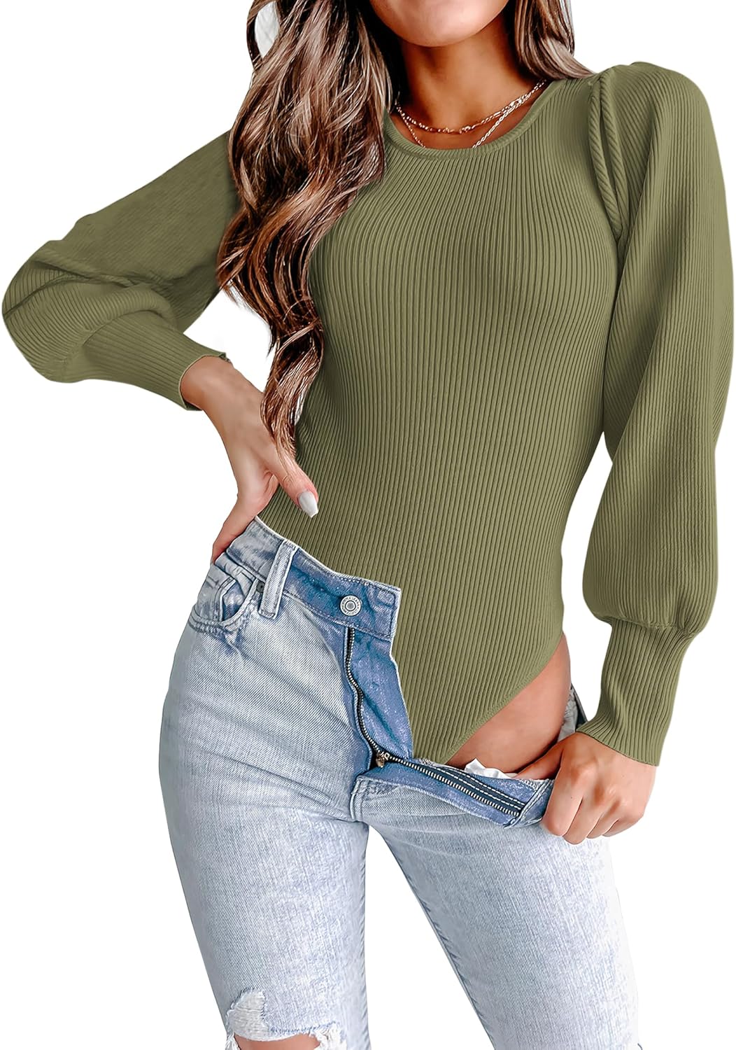 MASCOMODA Long Puff Sleeve Sweaters for Women 2025 Fall Winter Crewneck Knit Ribbed Bodysuit Pullover Tops