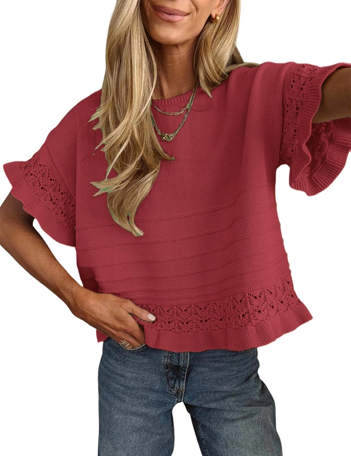 Yeokou Womens Short Sleeve Sweater Round Neck Ruffled Hem Knit Crochet Pullover Summer Fall Casual Top Blouse