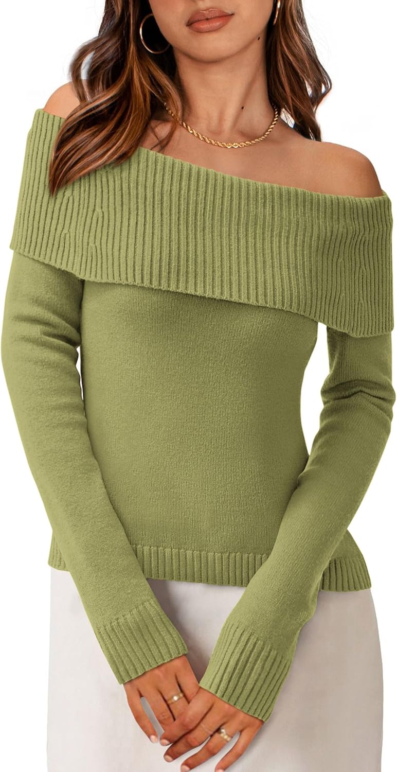 PRETTYGARDEN Off The Shoulder Sweater for Women 2025 Fall Fashion Cute Long Sleeve Tops Winter Ribbed Pullover Knit Outfits