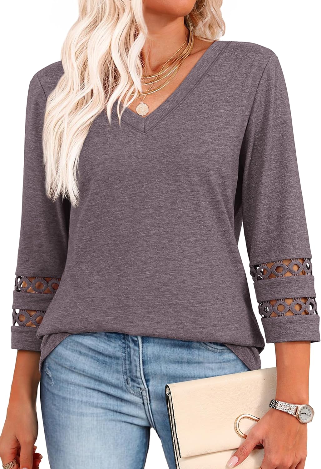 XIEERDUO 3/4 Length Sleeve Womens Tops Dressy Casual Blouses for Women 2025 Trendy V Neck T Shirts Summer Clothes