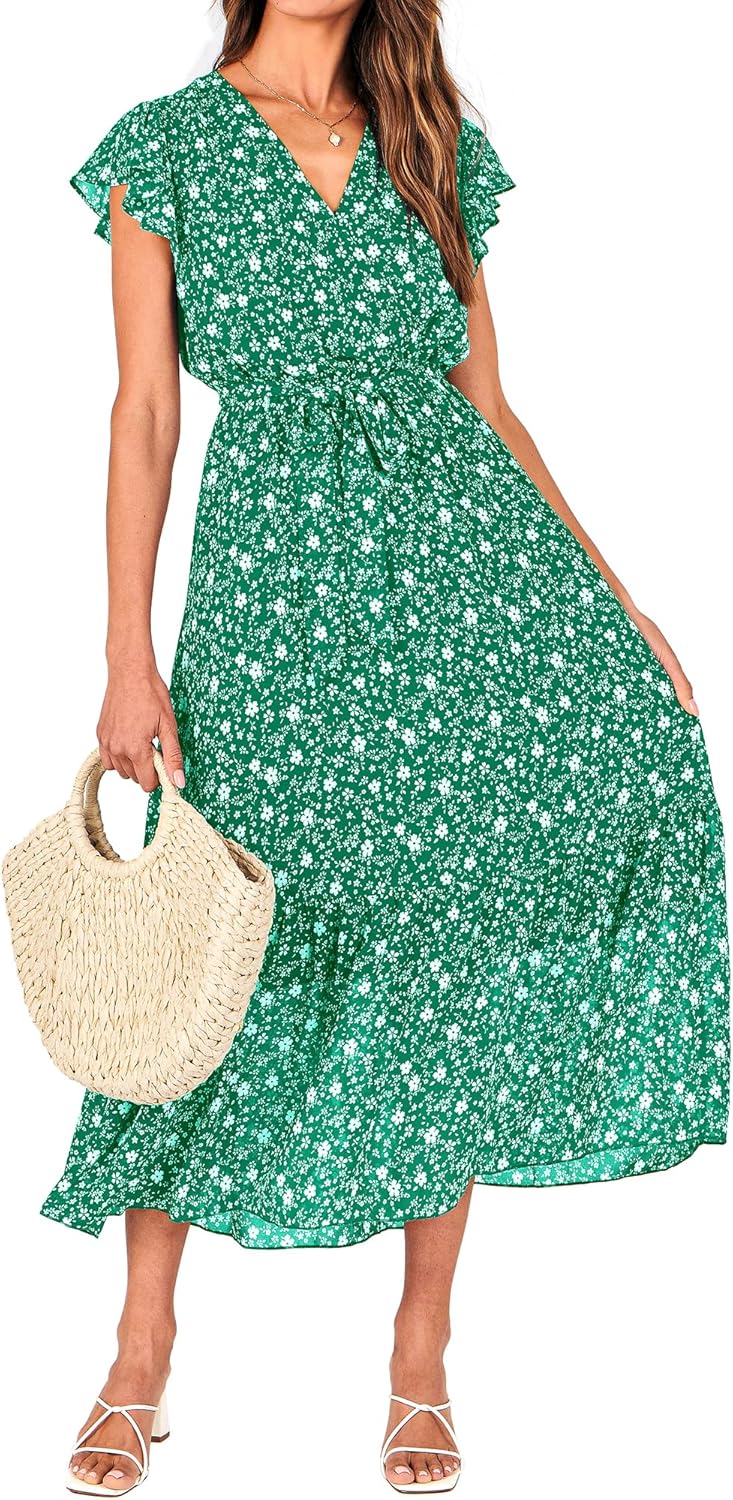 BTFBM Women Summer Bohemian Floral Casual Wrap V Neck Ruffle Cap Sleeveless Belt A-Line Pleated Hem Midi Sun Dress White