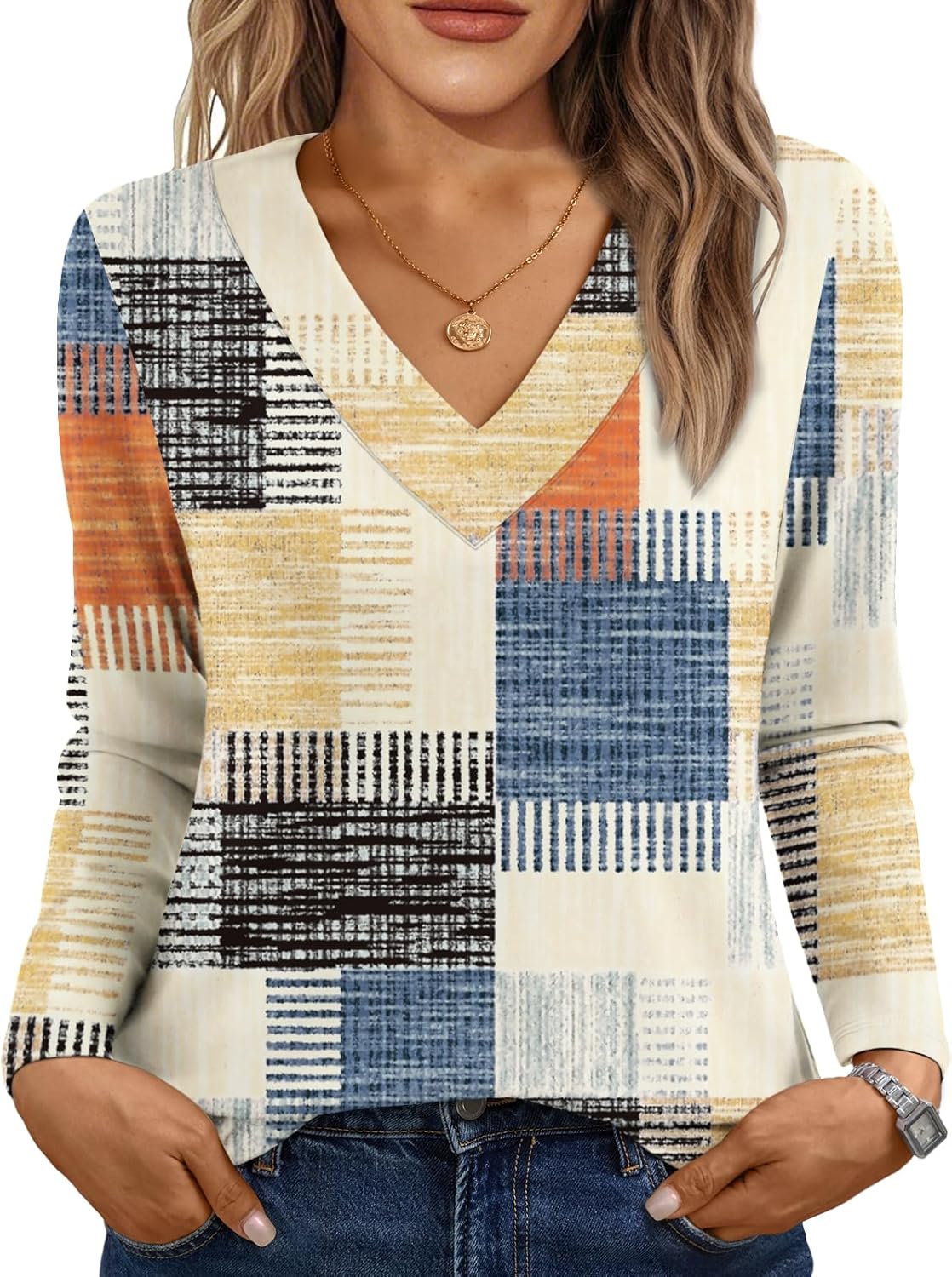 AUTOMET Long Sleeve Shirts for Women Tops V Neck Casual Top Comfortable Shirt Soft Basic Tees Women Blouses