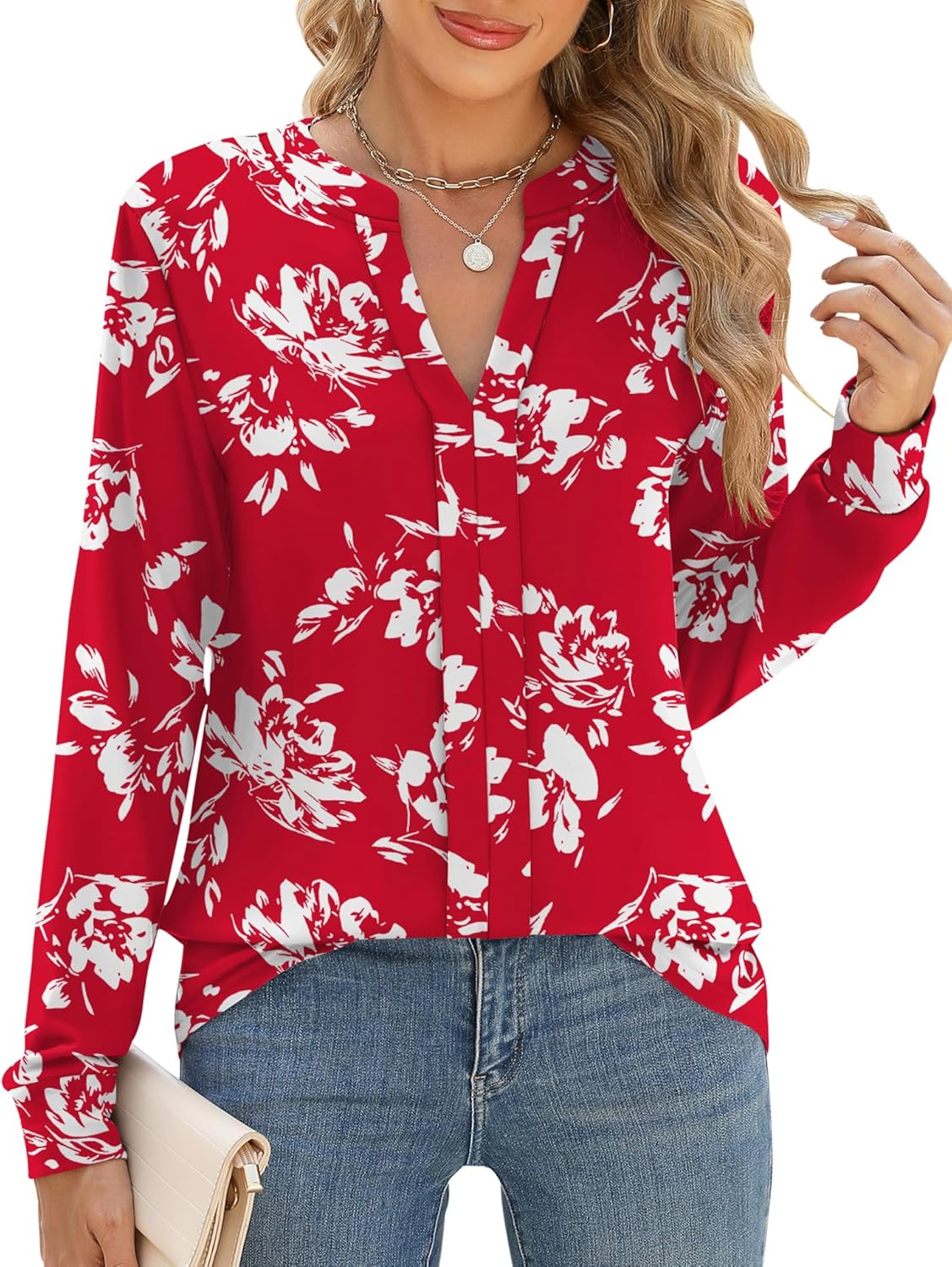 Micoson Womens Tops Dressy Casual Long Sleeve Business Knit T Shirts V Neck Pleated Work Blouses Loose Fall Trendy Clothes