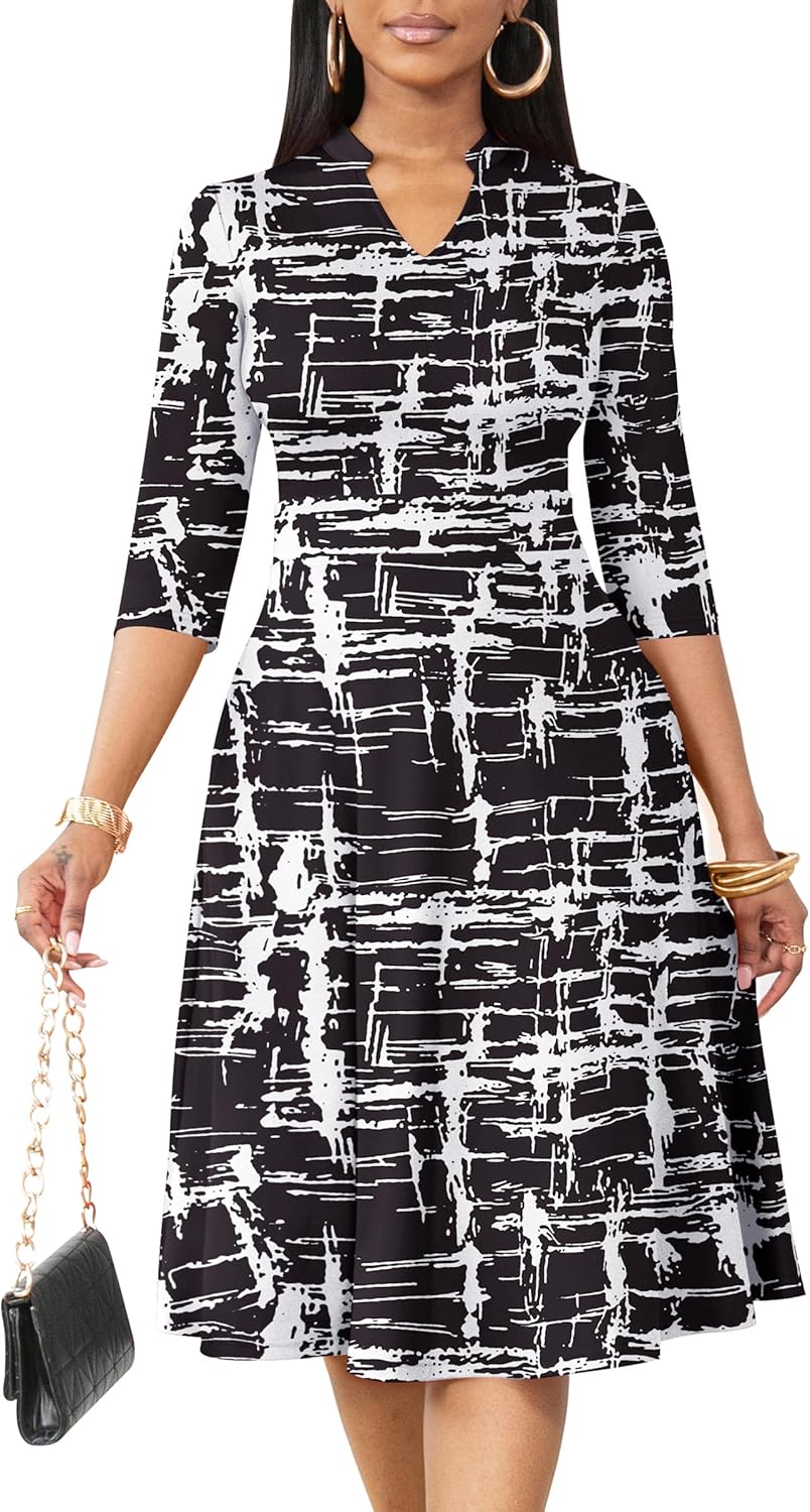 Nmoder Casual Dresses for Women Semi Formal Fit and Flare 3/4 Sleeve A-line Church Work Dress with Pockets