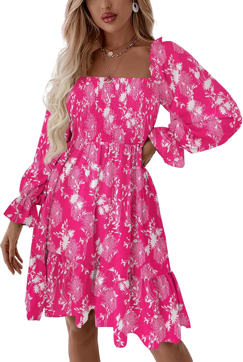 LYANER Women's Square Neck Lantern Long Sleeve Ruffle Shirred Flowy Party Mini Dress