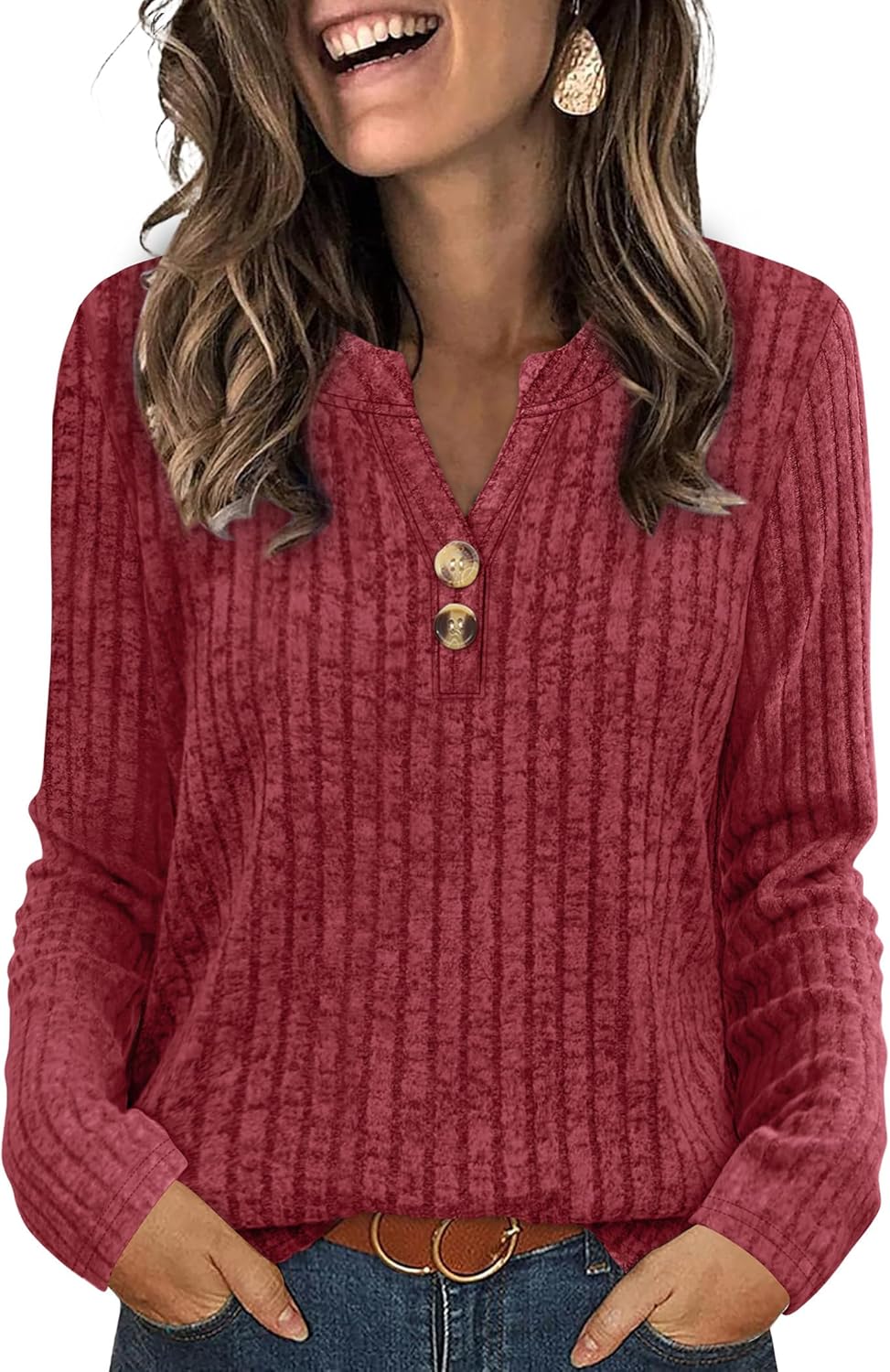 SAMPEEL Womens Sweaters Lightweight Long Sleeve Shirts V Neck Tops with Button Fall Outfits 2025