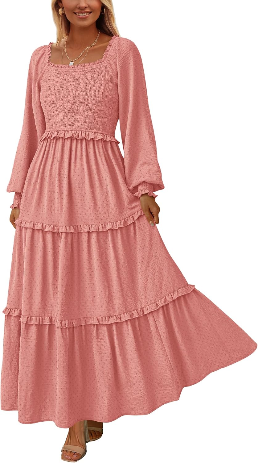 PRETTYGARDEN Fall Dresses for Women 2025 Long Sleeve Smocked Square Neck Swiss Dot Tiered Flowy Wedding Guest Maxi Dress