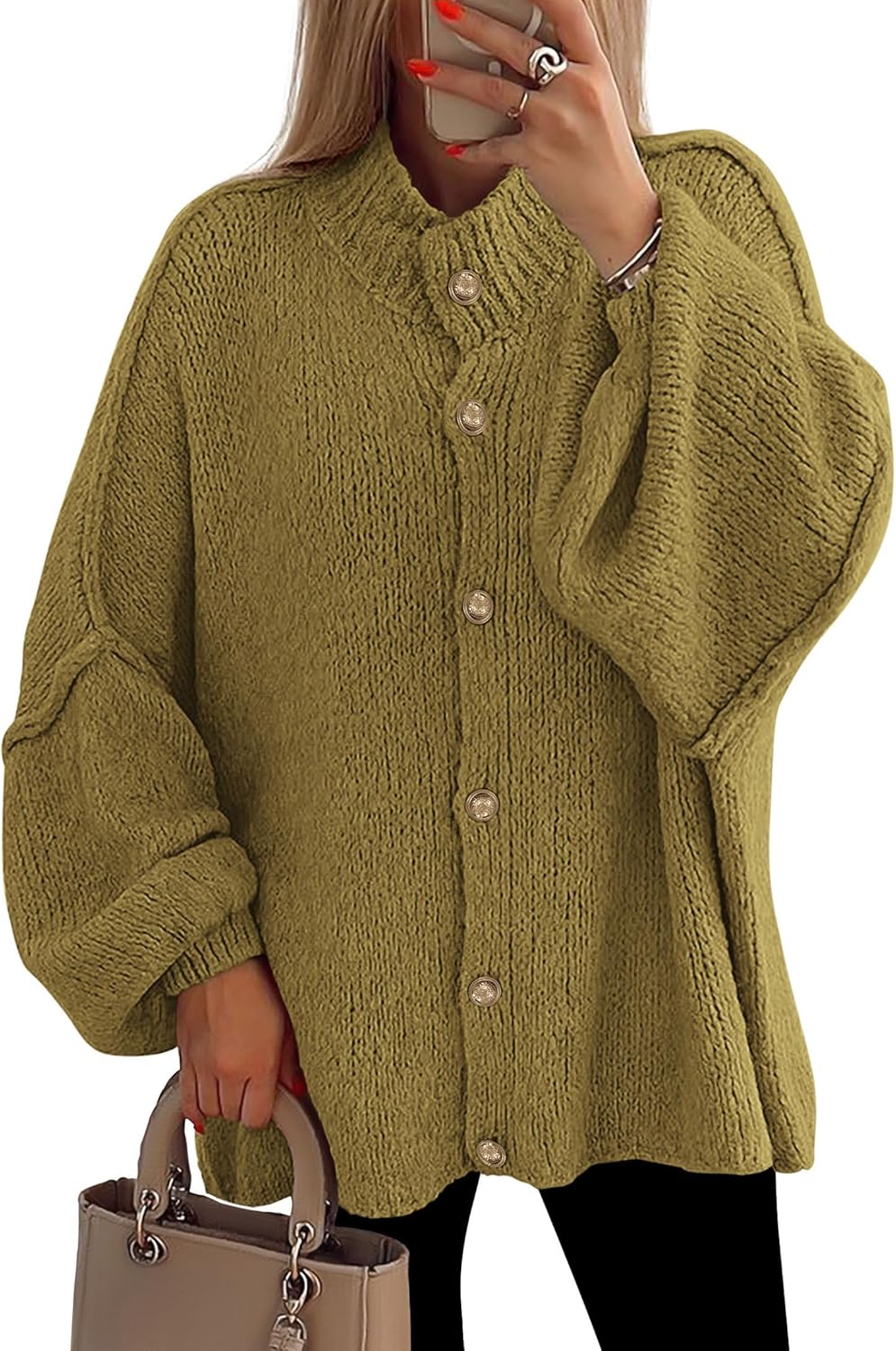 PRETTYGARDEN Women's Winter Button Down Cardigan Sweaters Mock Neck Lantern Long Sleeve Chunky Knit Jacket Trendy Outerwear