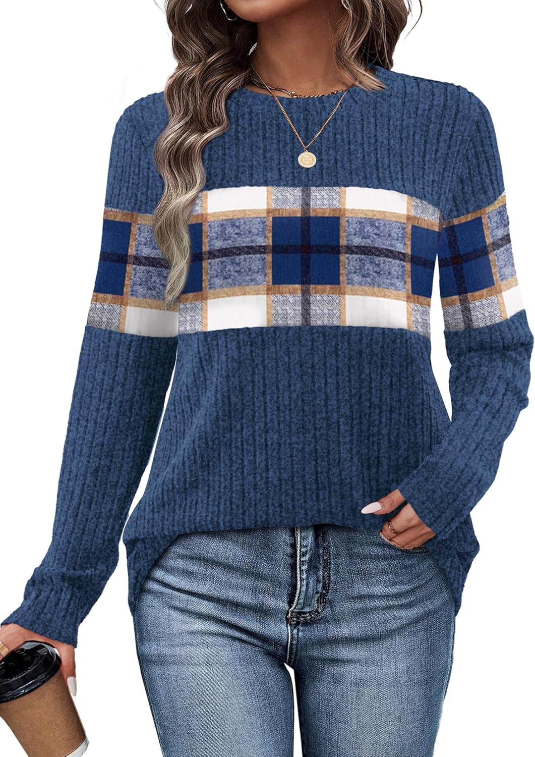 WIHOLL Womens Sweaters Trendy Color Block Tops Long Sleeve Shirts Fall Outfits Early Fall Fashion 2025 Winter Clothing