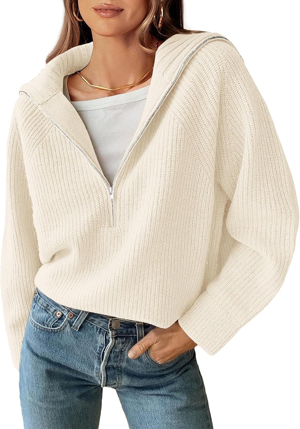BTFBM Womens Sweaters Quarter Zip Pullover V Neck Collar Long Sleeve Ribbed Knit Loose Casual 2025 Winter Fall Sweater