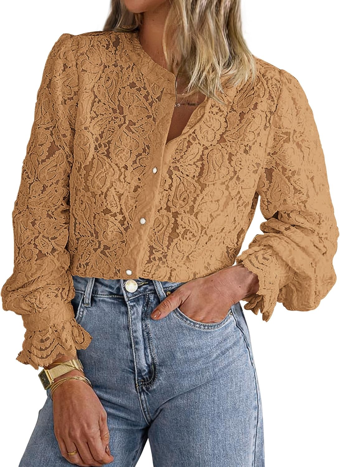 PRETTYGARDEN Women's Dressy Casual Lace Blouse Long Sleeve Button Up Shirts Tops Spring Fall Fashion Clothes