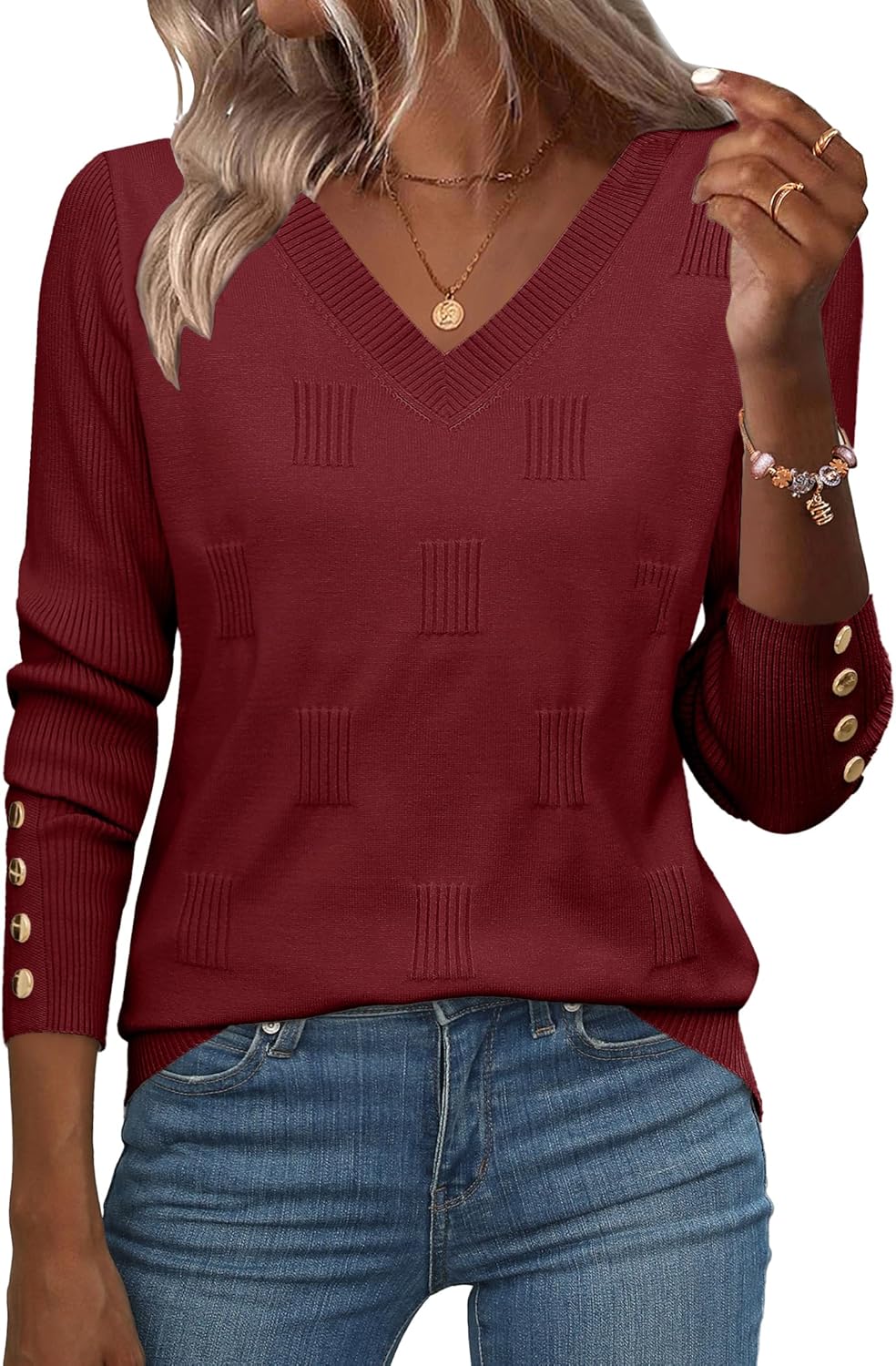 Zeagoo Womens V Neck Sweaters Shirts Long Sleeve Lightweight Ribbed Knit Pullover Sweater Blouse Tops with Buttons Oufits