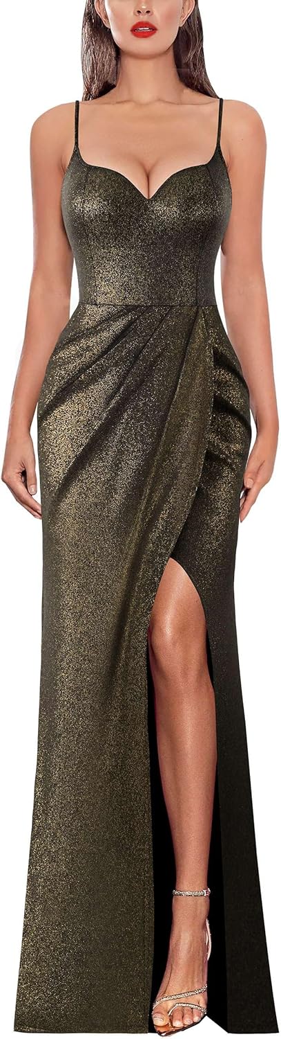 VFSHOW Womens Sexy Formal Ruched Fitted High Slit Bodycon Maxi Dress Spaghetti Strap Sweetheart Cocktail Prom Evening Gown