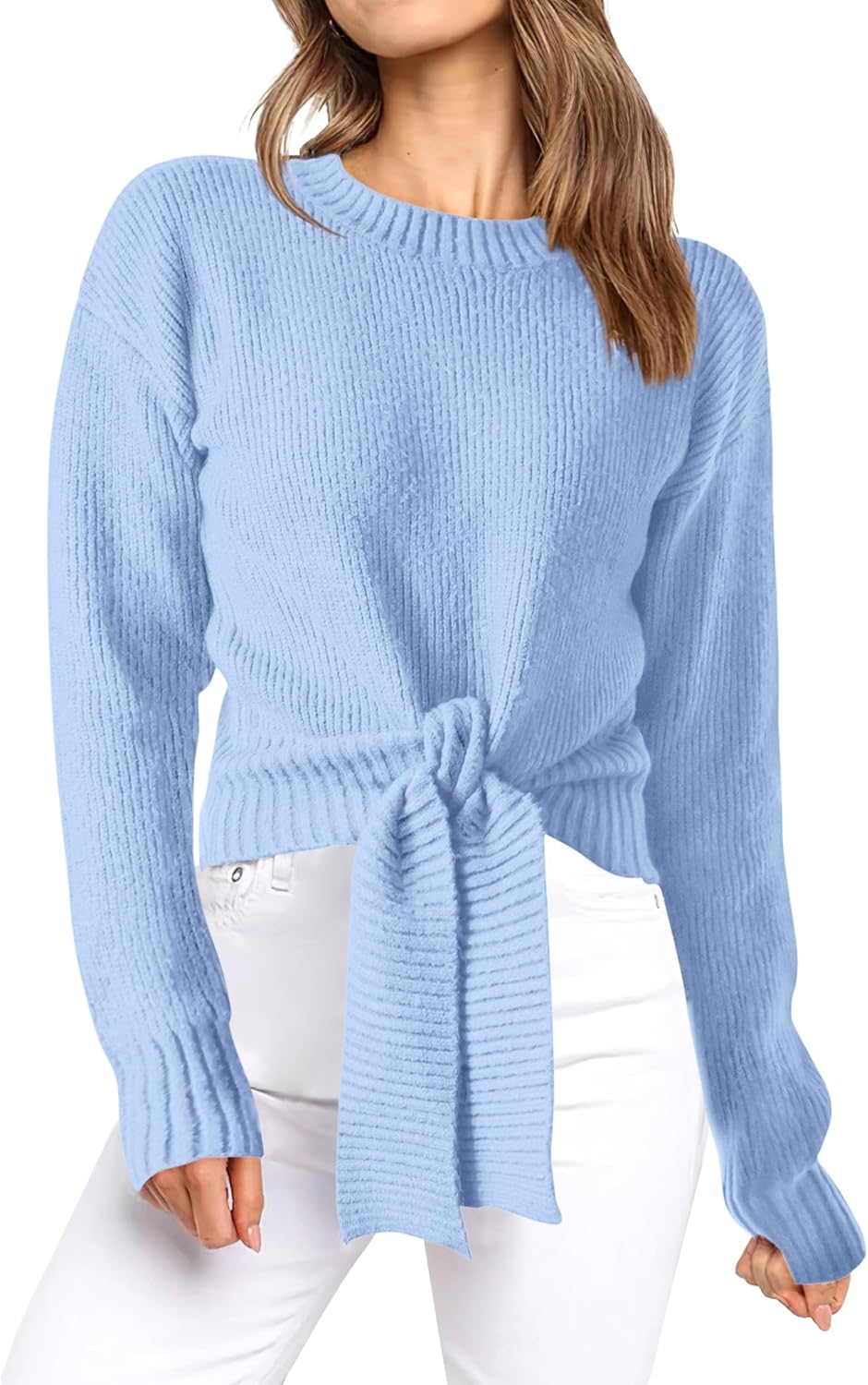 Okiwam Women's Long Sleeve Cropped Sweaters Casual Knit Pullover Tie Front Crew Neck Fall Outfits Fashion Clothes 2025