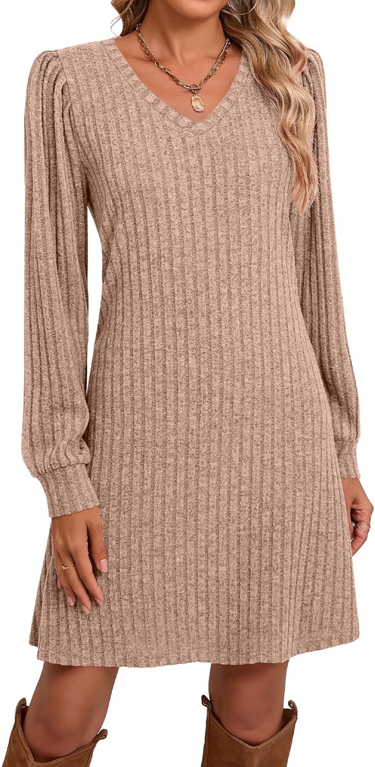 Ficerd Women's Knit Long Sleeve Sweater Dress Casual V Neck Tunic Dresses Fall Trendy Outfits