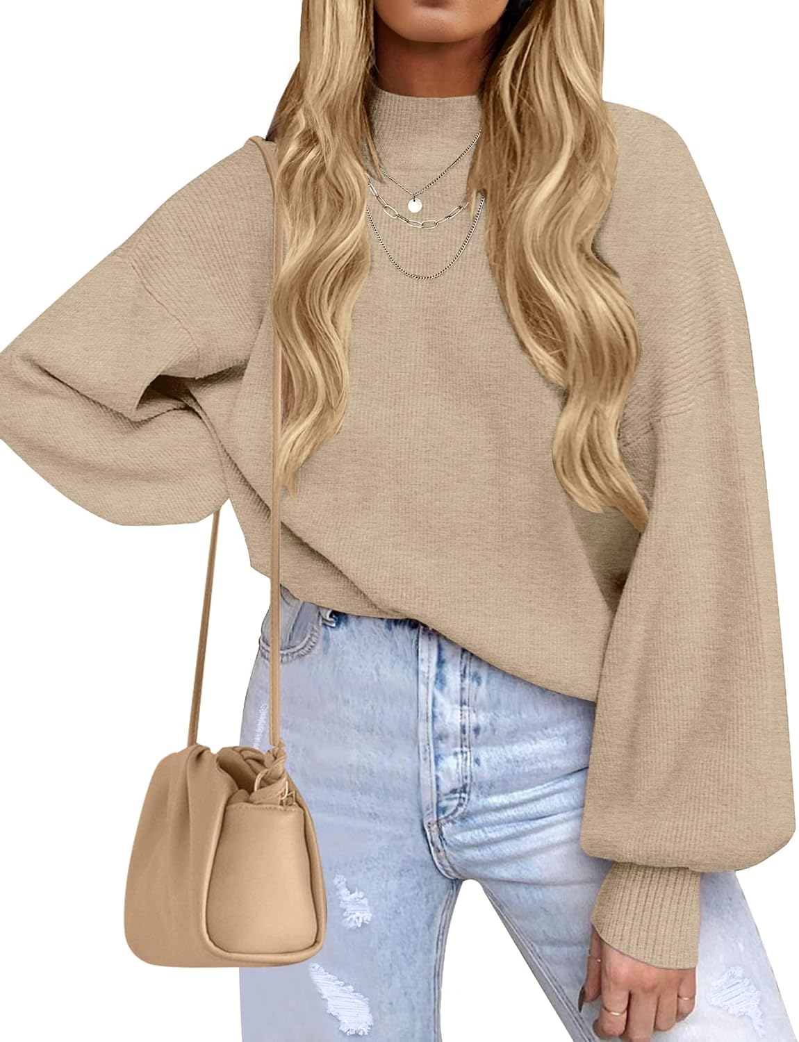 ZESICA Women's Casual Turtleneck Long Lantern Sleeve Fall 2025 Oversized Ribbed Knit Pullover Sweater Jumper Top