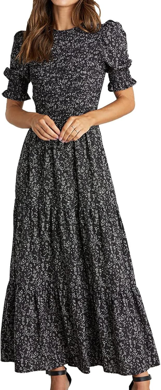 BTFBM Women Casual Summer Dresses 2025 Spring Crew Neck Ruffle Short Sleeve Floral Print Smocked Boho Flowy Maxi Dress
