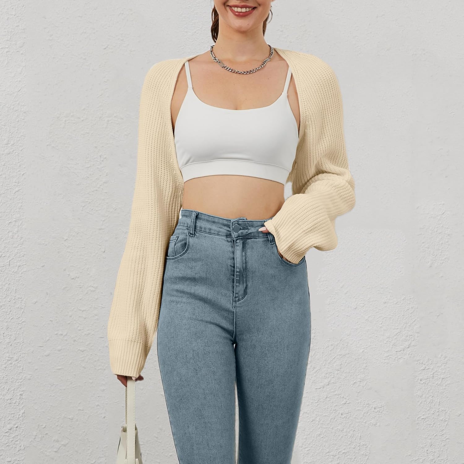Women Open Front Ribbed Knit Crop Bolero Drop Shoulder Long Sleeve Solid Loose Fit Knitted Crop Cardigan Shrug