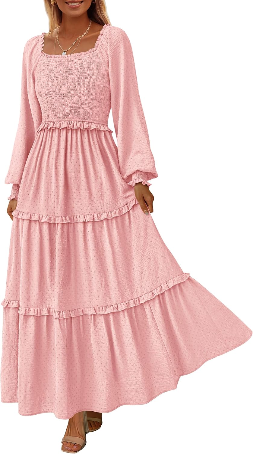 PRETTYGARDEN Fall Dresses for Women 2025 Long Sleeve Smocked Square Neck Swiss Dot Tiered Flowy Wedding Guest Maxi Dress