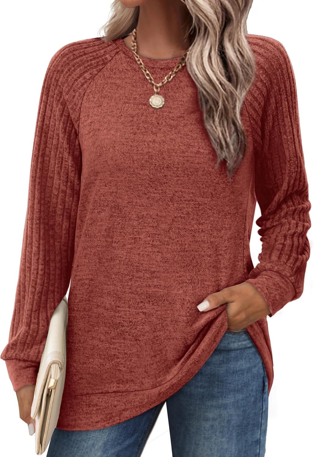 Saloogoe Tunic Sweatshirts for Women Crewneck Lightweight Sweaters Raglan Long Sleeve Shirts Fall Fashion Tops 2025