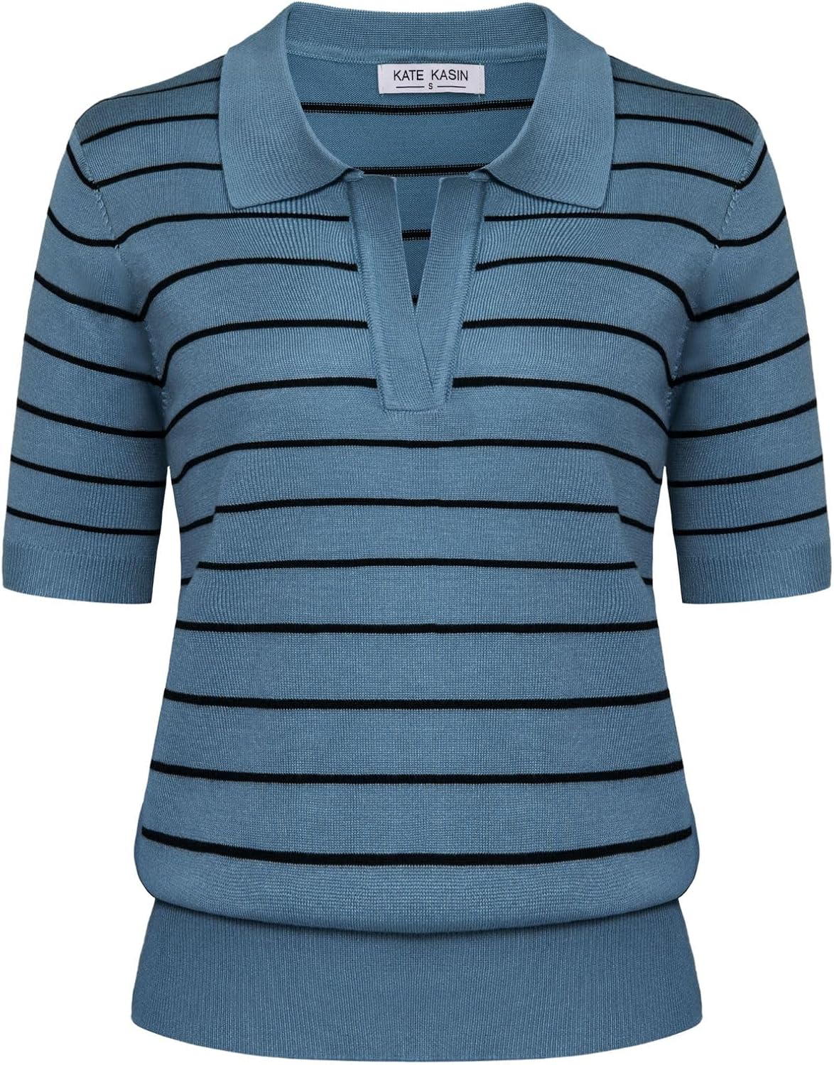Kate Kasin Women Short Sleeve Polo Sweater V Neck Knitted Tops Casual Ribbed Shirt Loose Pullover Sweater