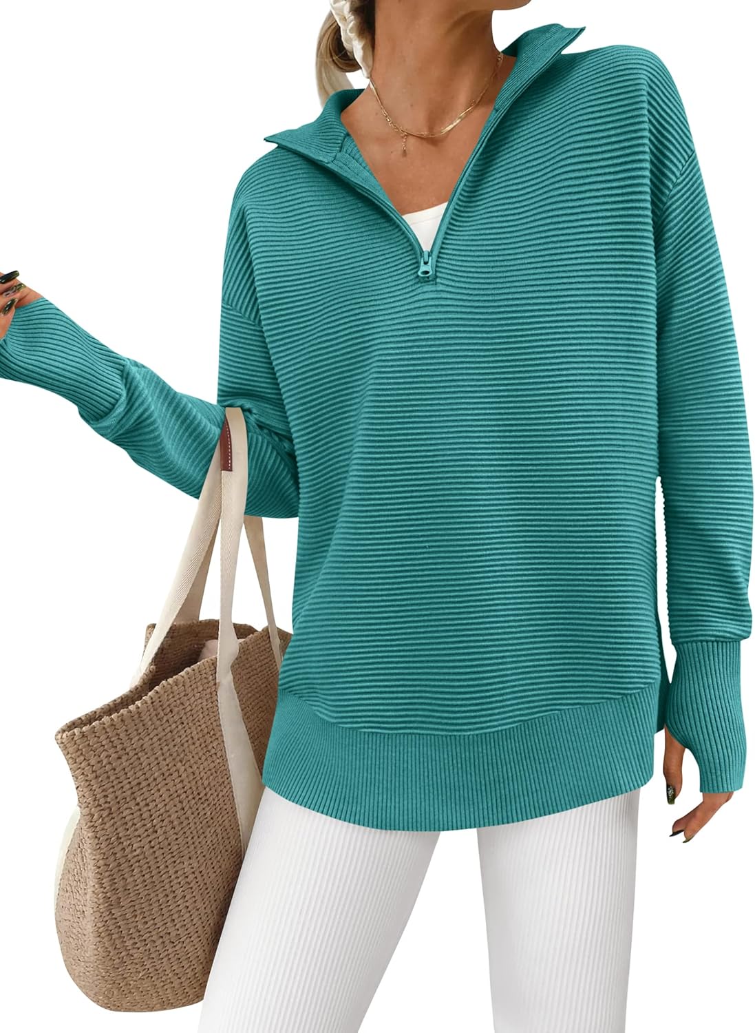 PRETTYGARDEN Womens Long Sleeve Quarter Zip Pullover Sweater Casual Loose V Neck Collared Ribbed Knit Jumper Tops Thumb Hole