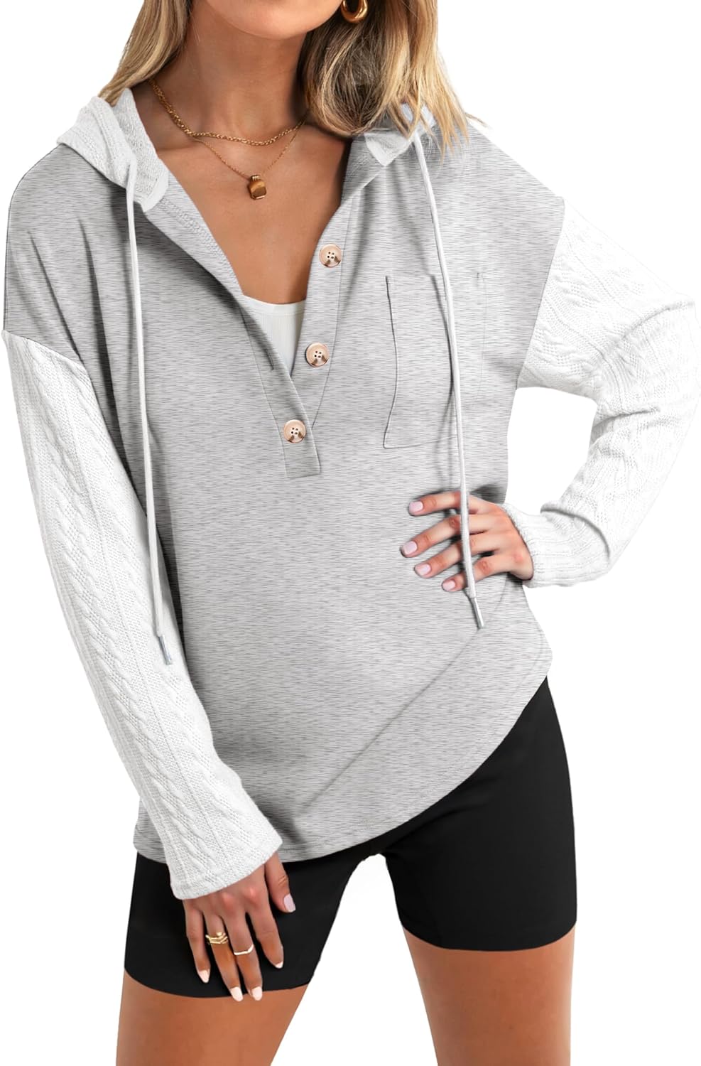 Glamaker Women's Button Down Cable Knit Hoodies Long Sleeve Patch Work Spliced Pullover Hooded Sweatshirts