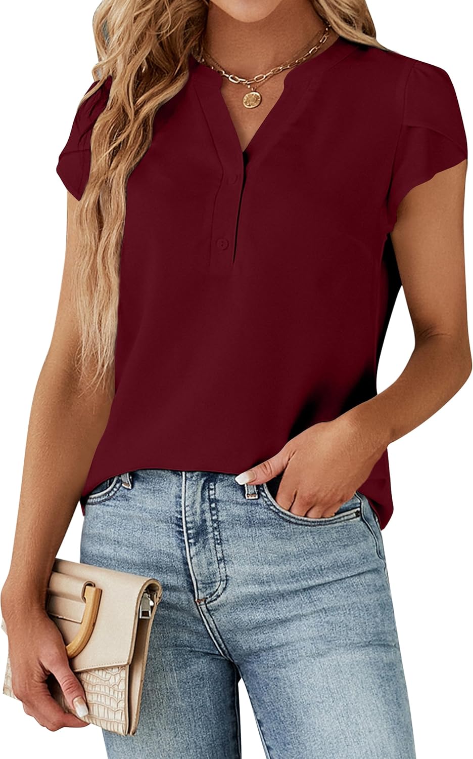 Blooming Jelly Women's Dressy Casual Tops Business Work Blouses White Button Down Shirts Cap Sleeve V Neck Tshirt