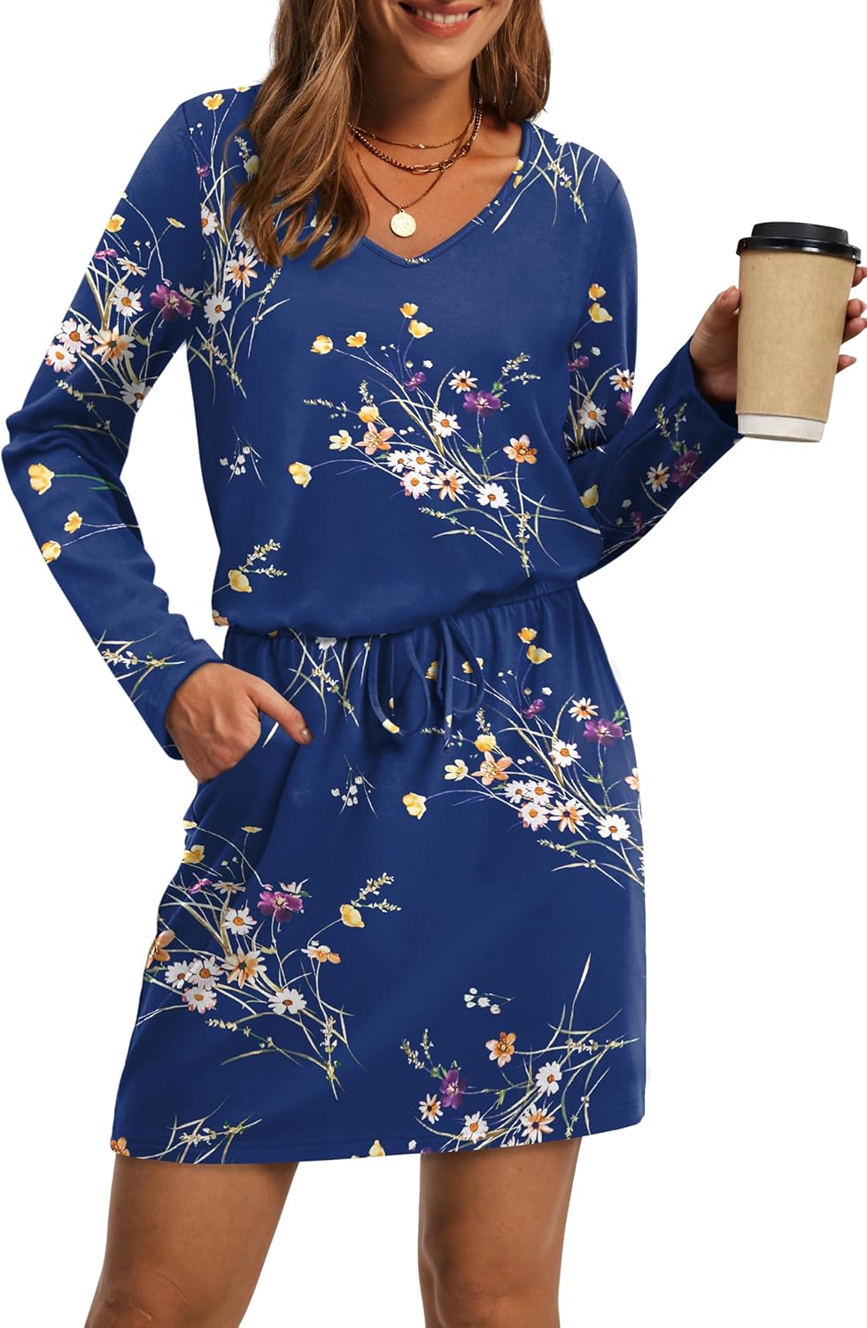 OFEEFAN Fall Dresses for Women 2025 Loose V Neck Long Sleeve T Shirts Casual Sundresses Tie Front A-Line Dresses