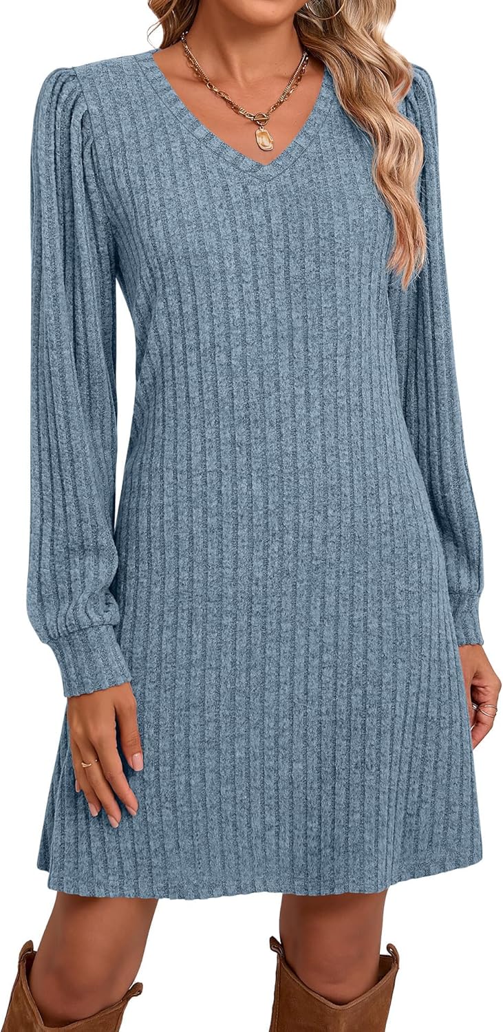 Ficerd Women's Knit Long Sleeve Sweater Dress Casual V Neck Tunic Dresses Fall Trendy Outfits