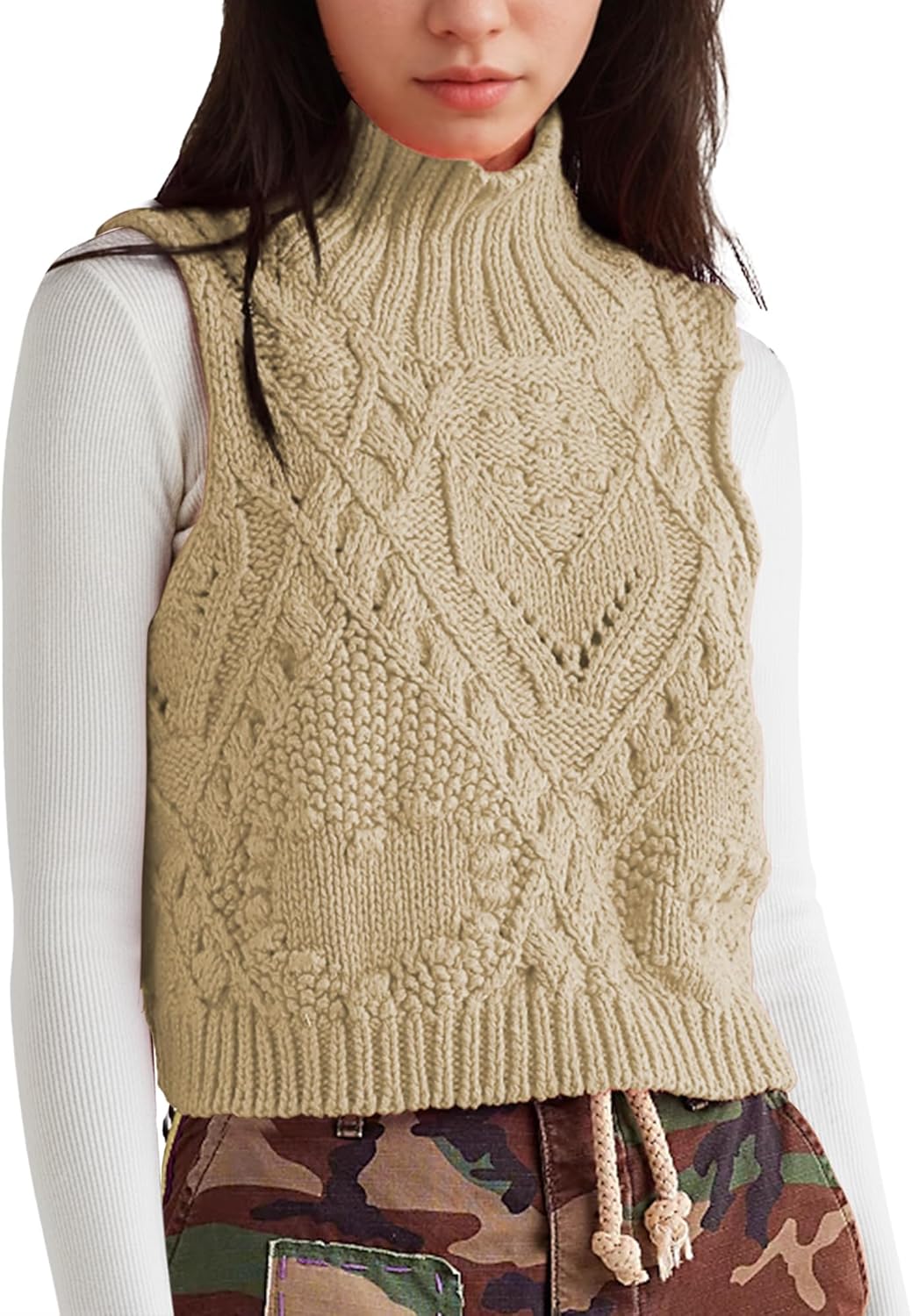 Hixiaohe Turtleneck Crochet Sweater Vest Fall Fashion Knit Sleeveless Tank Tops for Women Lightweight Casual Pullover Clothes