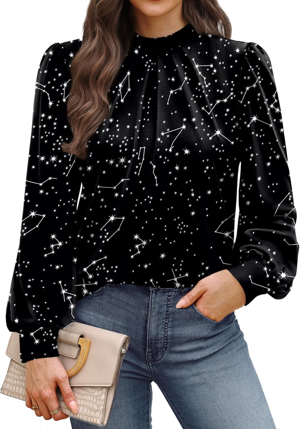 WIHOLL Long Sleeve Shirts for Women Mock Neck Tops Pleated Front Blouses Dressy Casual Fall Clothes 2025 Fashion