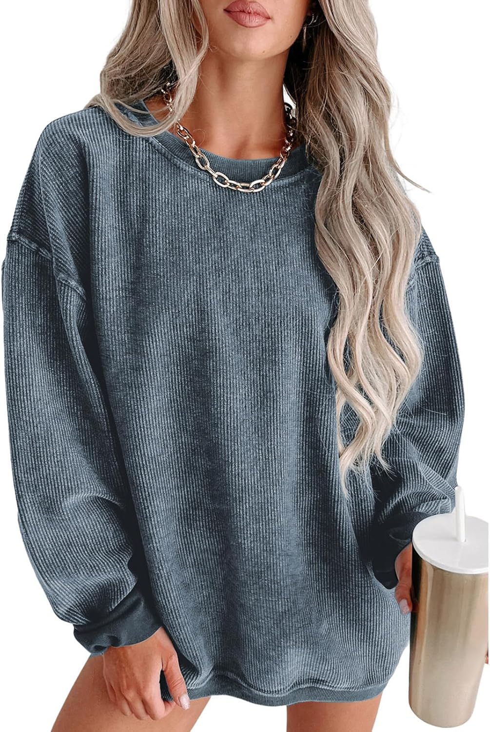 SELINK Womens Crewneck Oversized Corduroy Corded Sweatshirt Long Sleeve Casual Pullover Tops