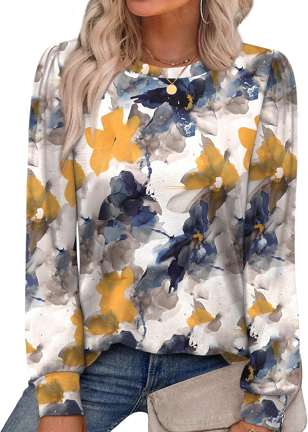 Alaroo Womens Long Sleeve Shirts 2025 Fall Tunic Tops Crewneck Blouses Print