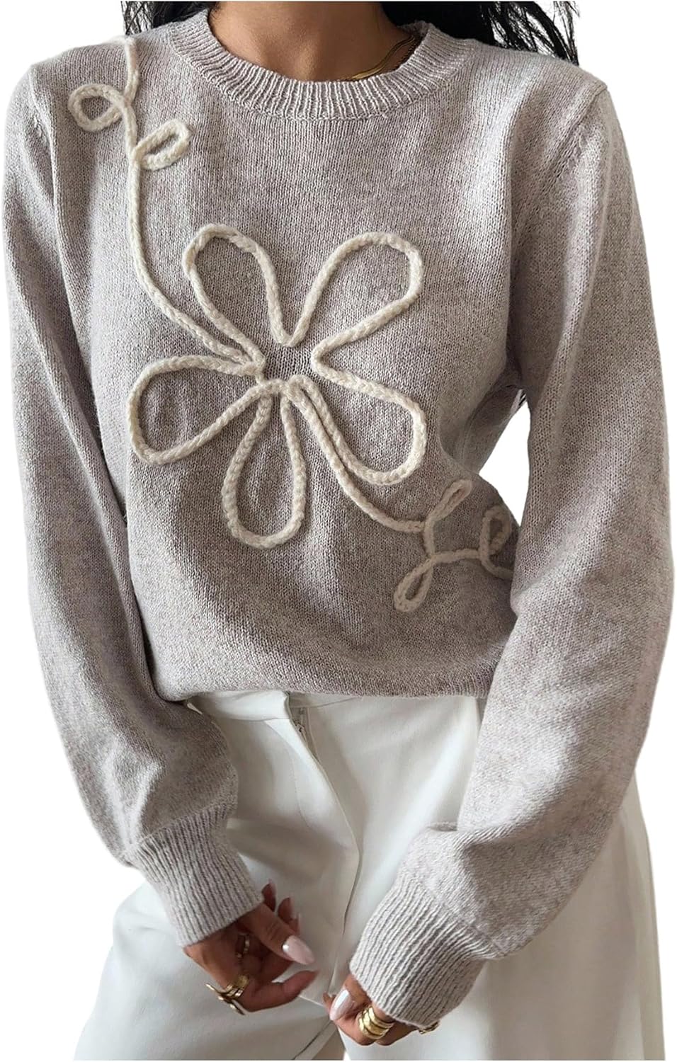 Women's 3D Floral Appliques Crewneck Sweaters Long Sleeve Drop Shoulder Pullovers Elegant Knit Tops