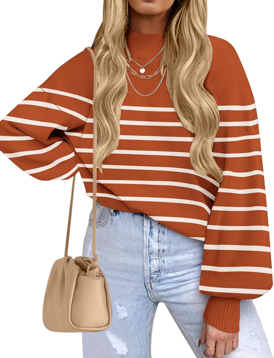 ZESICA Women's 2025 Fall Fashion Turtleneck Long Sleeve Striped Ribbed Knit Loose Pullover Sweater Tops