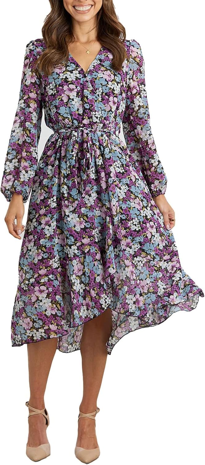 PRETTYGARDEN Women's Floral Boho Dress Fall Long Sleeve Wrap V Neck Ruffle Flowy Maxi Spring Wedding Guest Vacation Dresses