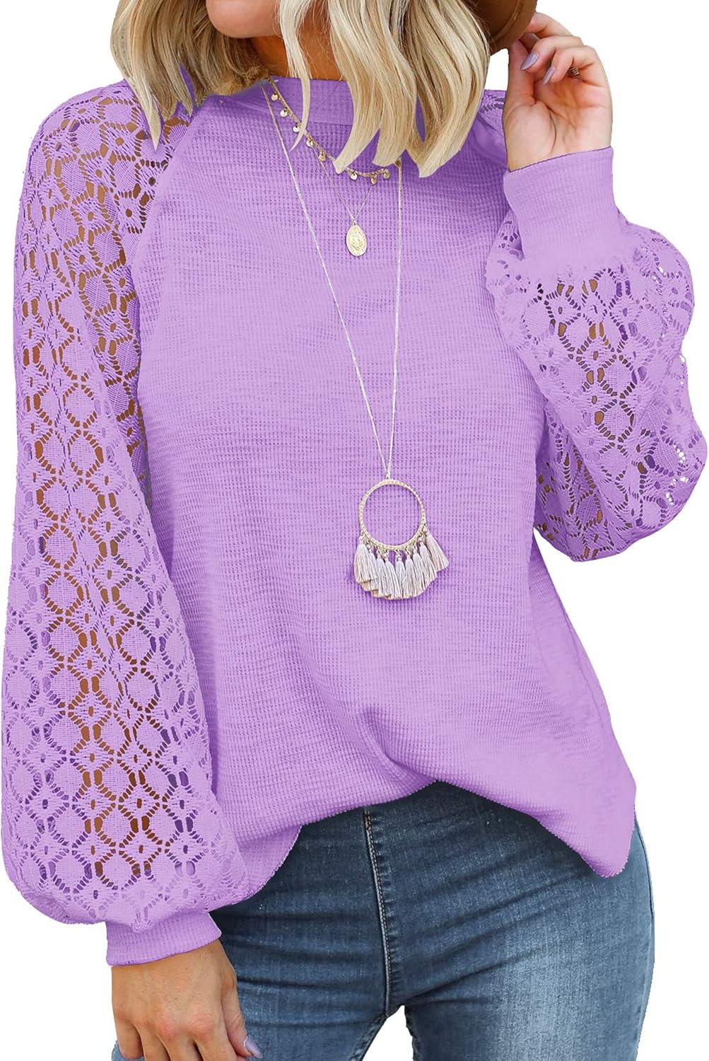 MIHOLL Women’s Long Sleeve Tops Lace Casual Loose Blouses T Shirts