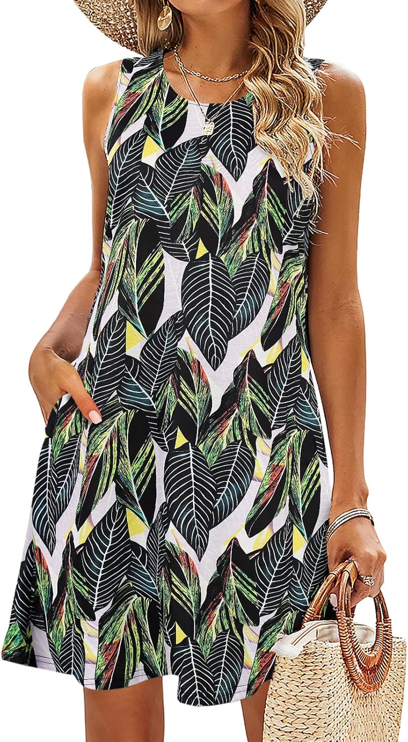 SimpleFun Summer Dresses for Women Beach Floral Tshirt Sundress Casual Pockets Boho Tank Dress