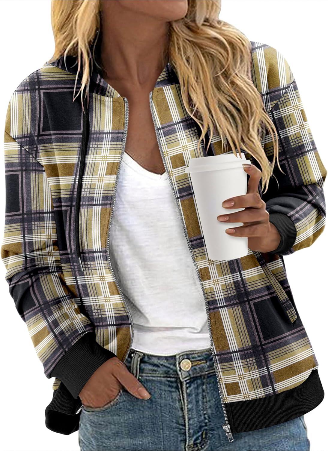 CRAZY GRID Women's Zip Up Jacket Casual Long Sleeve Sweatshirts Fall Coat Outerwear Windbreaker with Pockets S-XXL