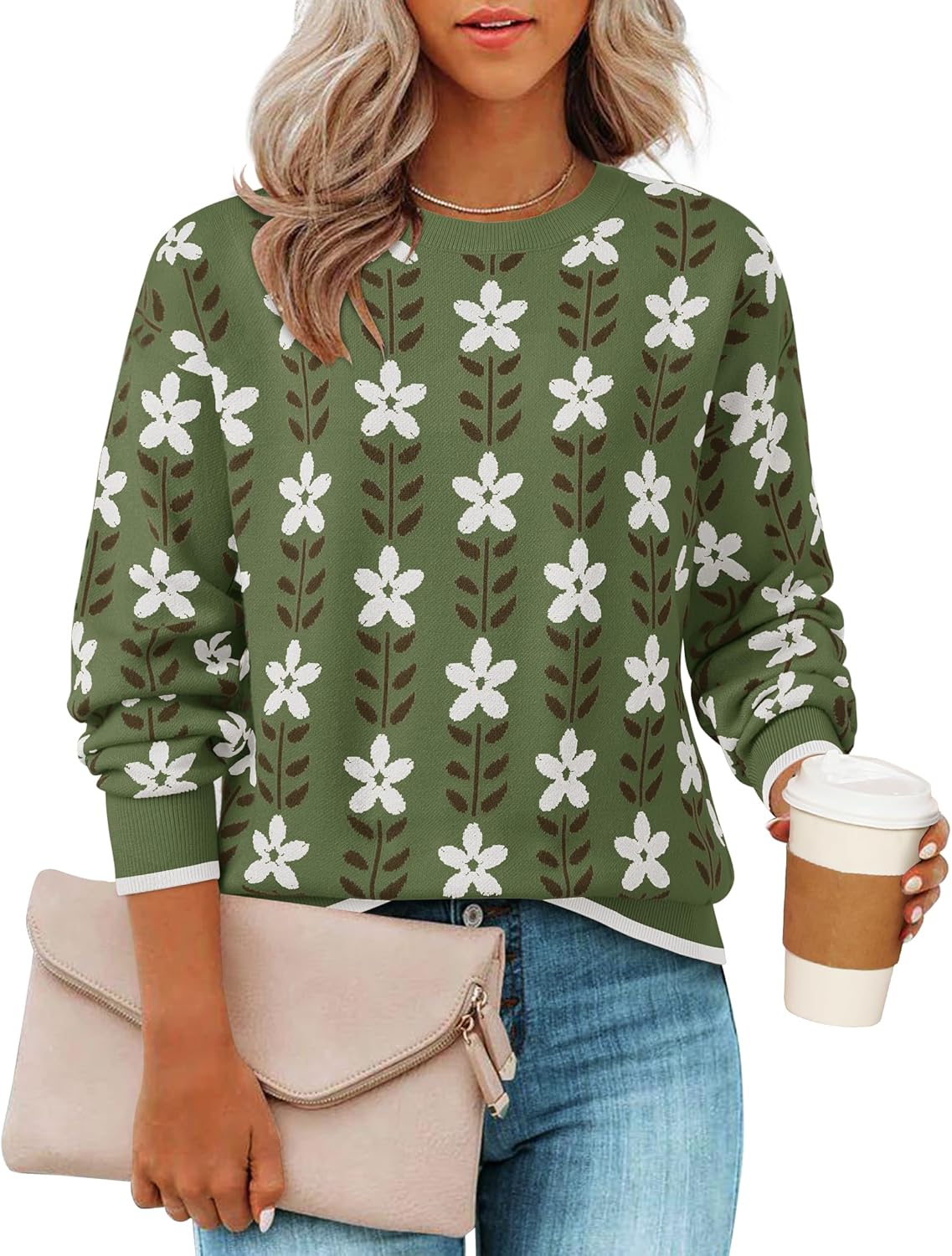 ZESICA Women's Long Sleeve Crewneck Sweater 2025 Fall Printed Cute Oversized Knitted Pullover Tops Trendy Clothes