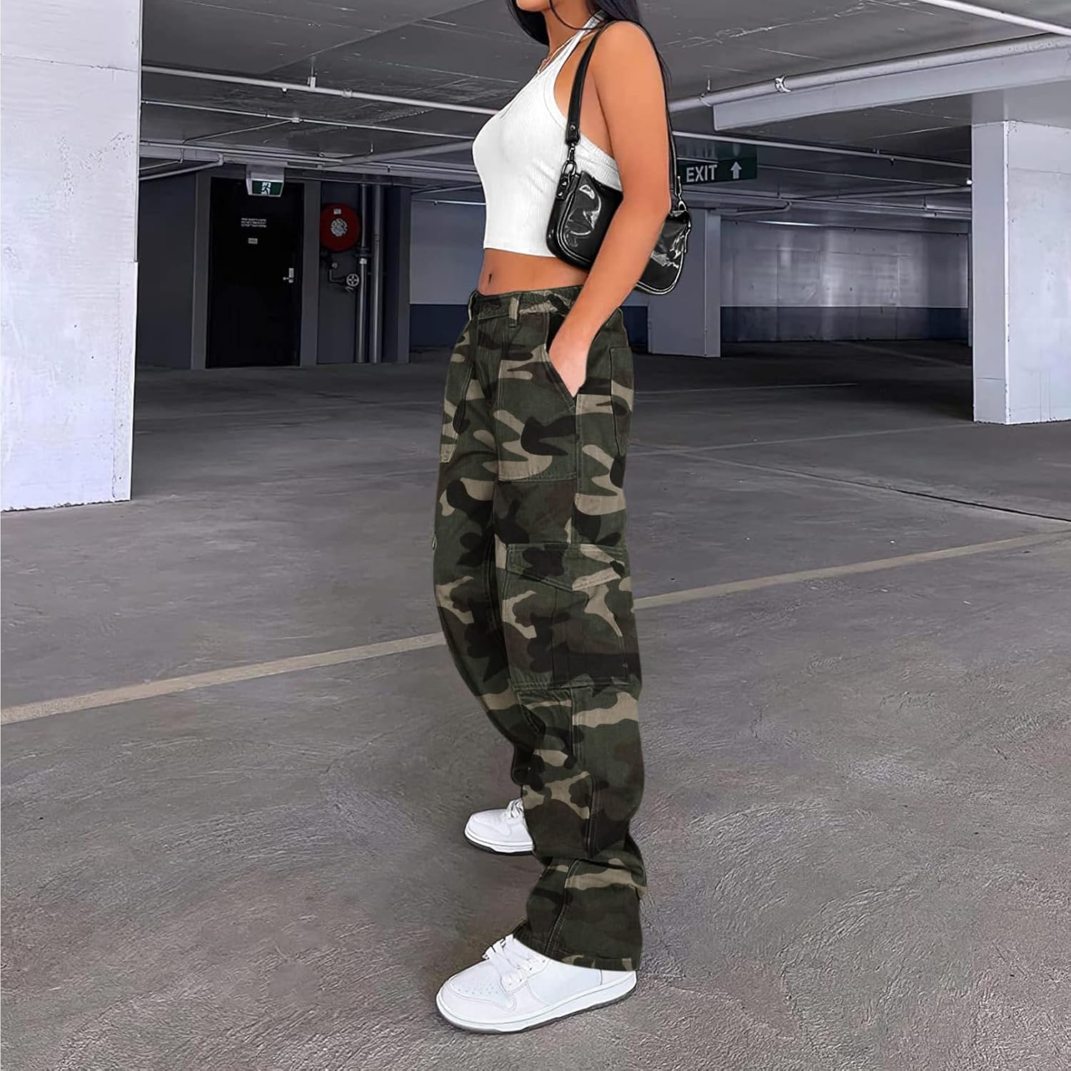 Lepunuo Cargo Pants for Women High Waisted Casual Pants Baggy Stretchy Wide Leg Y2K Streetwear with 6 Pockets