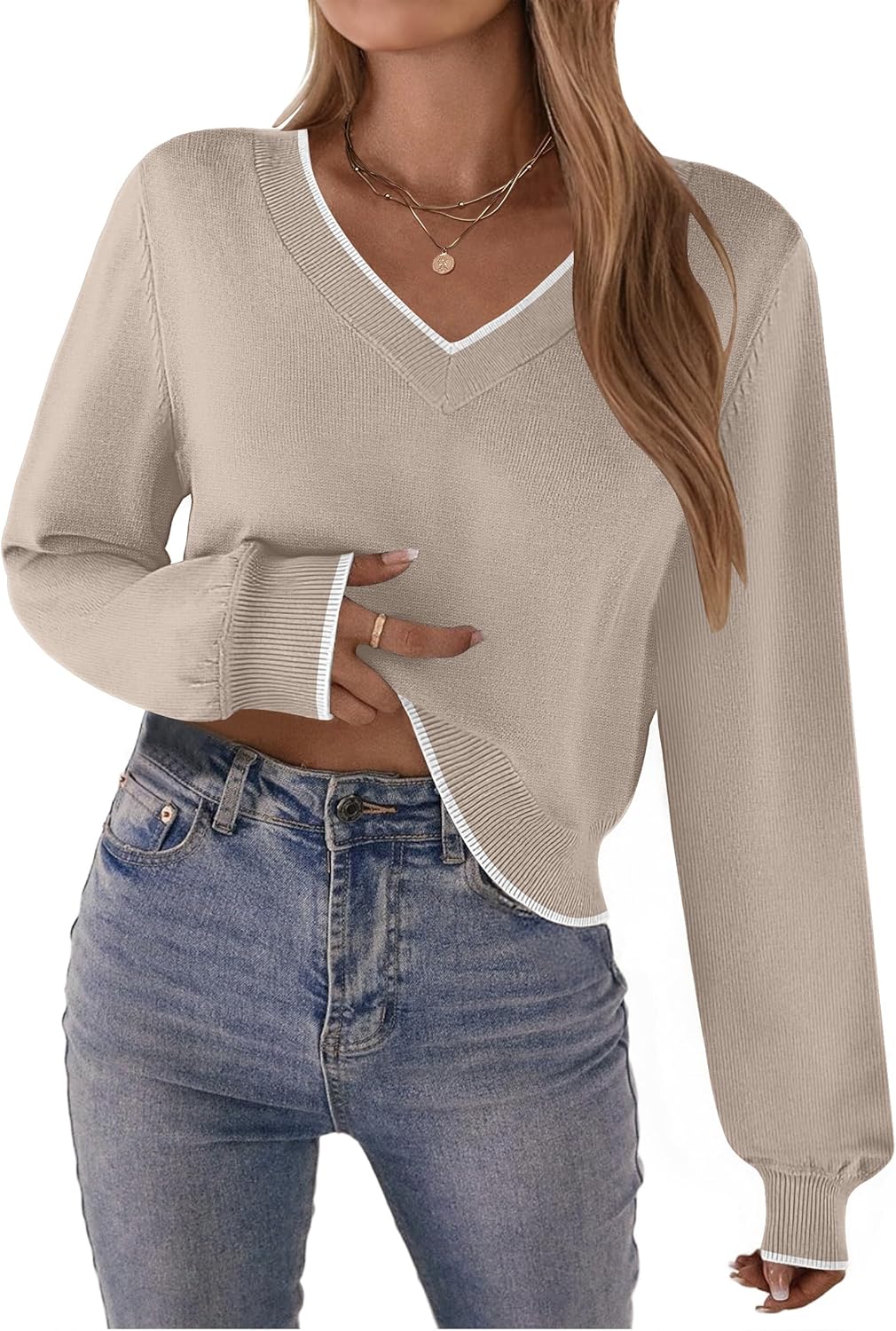 Zeagoo Women's 2025 Fall V-Neck Cropped Sweater Trendy Long Latern Sleeve Ribbed Knit Pullover Crop Tops