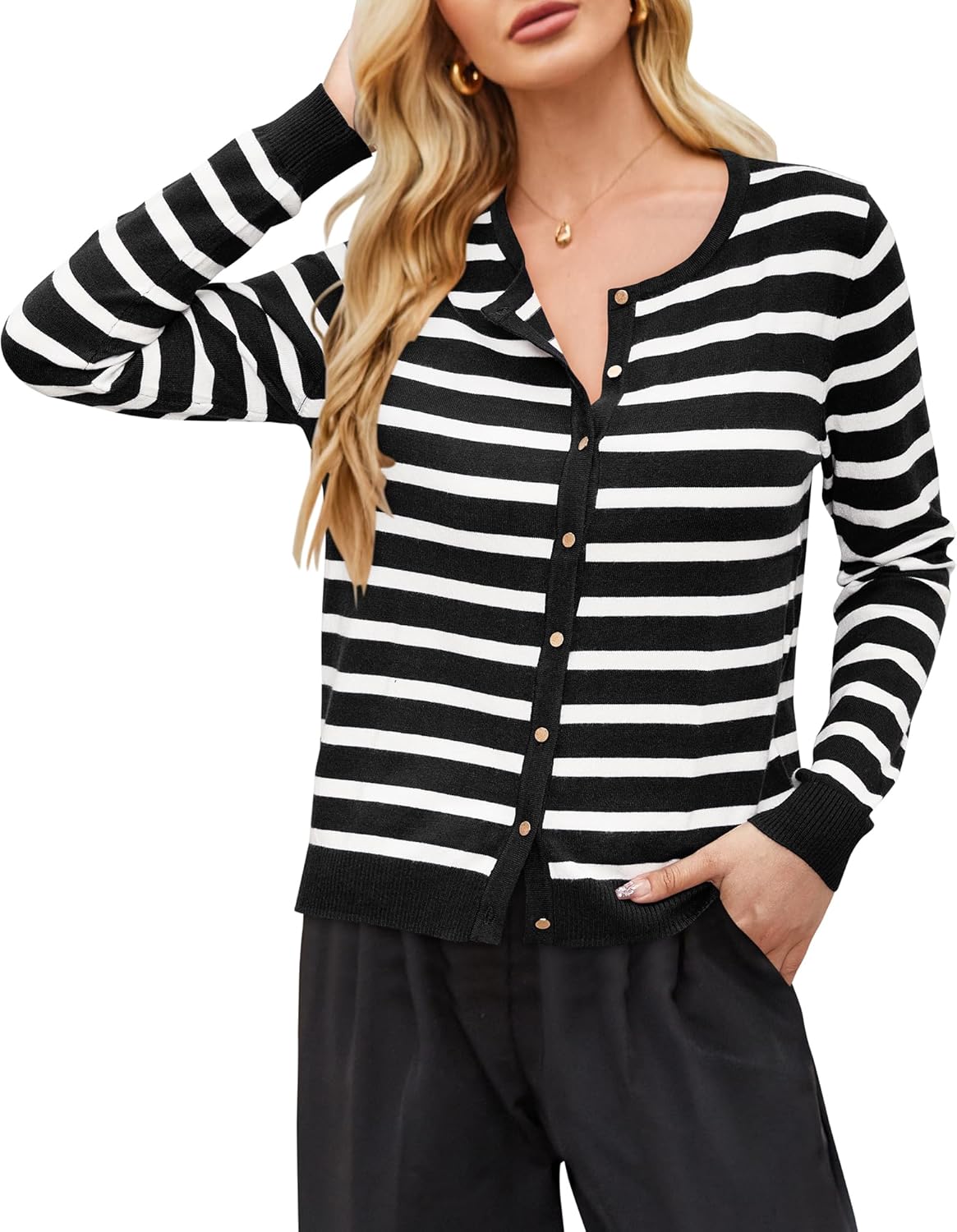 Newshows Women's Lightweight Button Down Cardigan Long Sleeve Casual Crew Neck Soft Knit Cardigans Sweater Tops