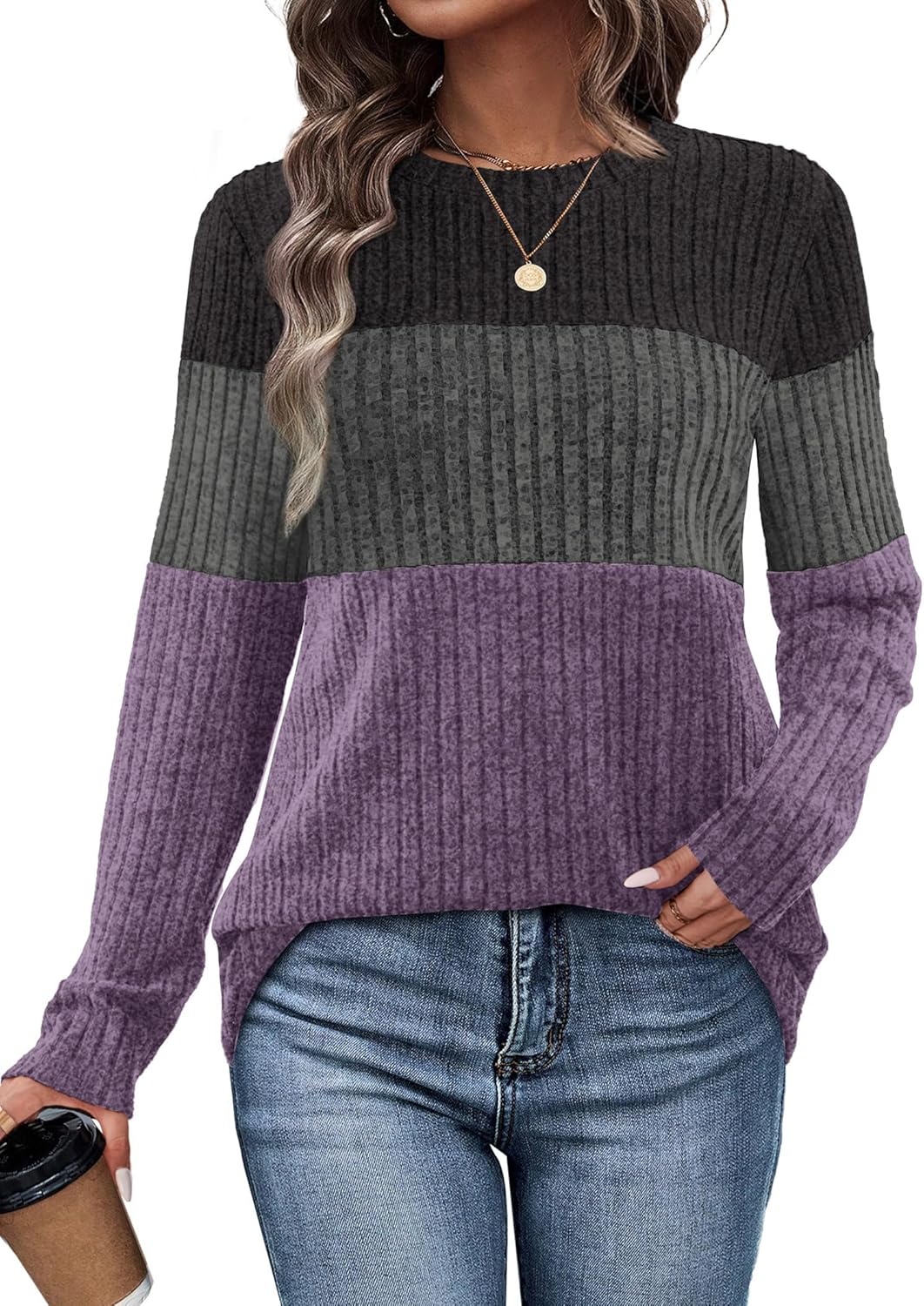 WIHOLL Womens Sweaters Trendy Color Block Tops Long Sleeve Shirts Fall Outfits Early Fall Fashion 2025 Winter Clothing