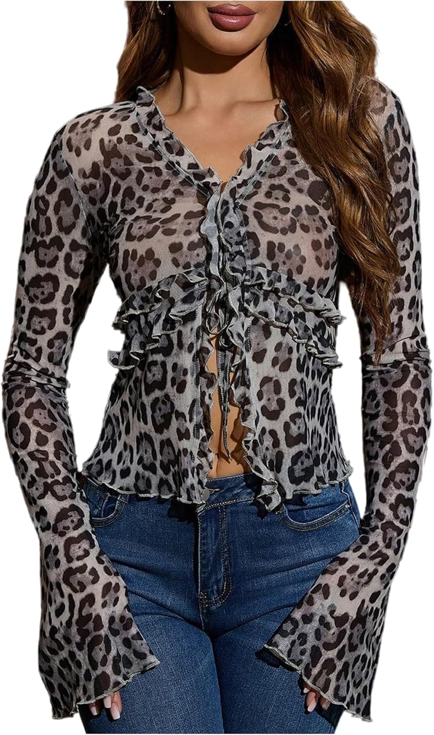 Women's Leopard Sheer Tops Bell Sleeve Tie Front V Neck T Shirt Vintage Party Y2K Clothes Going Out Top