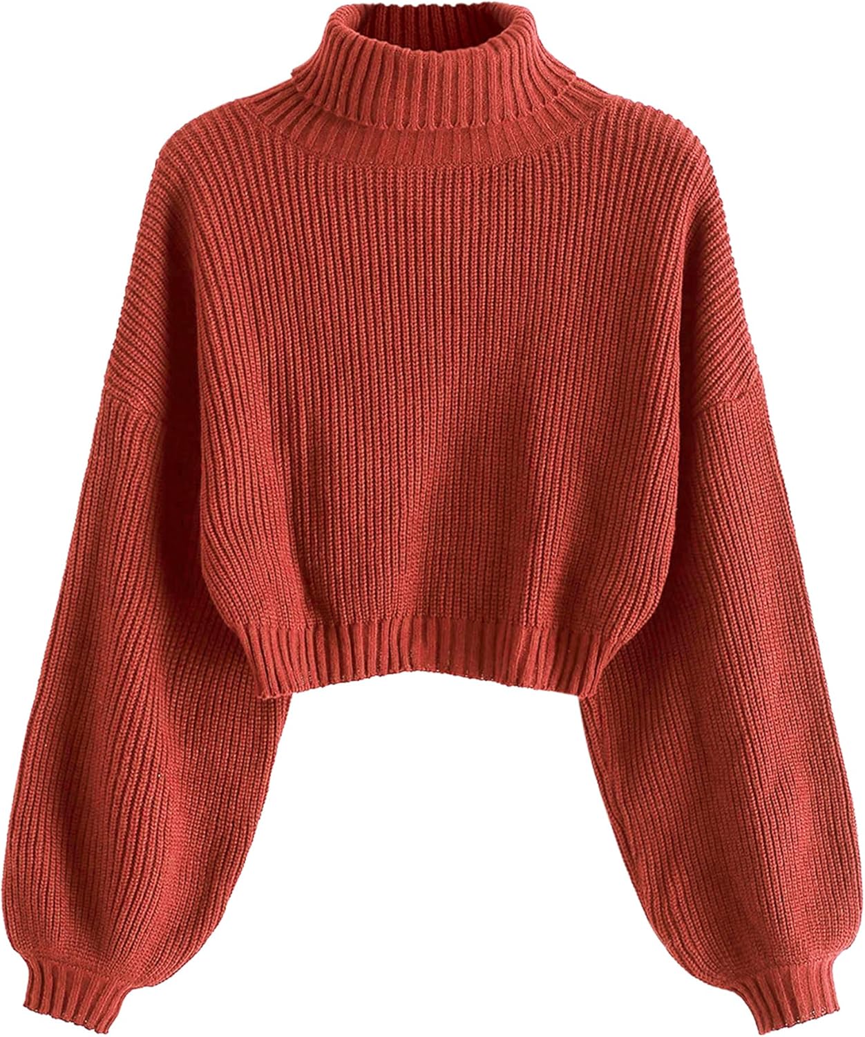 ZAFUL Women's Cropped Turtleneck Sweater Lantern Sleeve Ribbed Knit Pullover Sweater Jumper