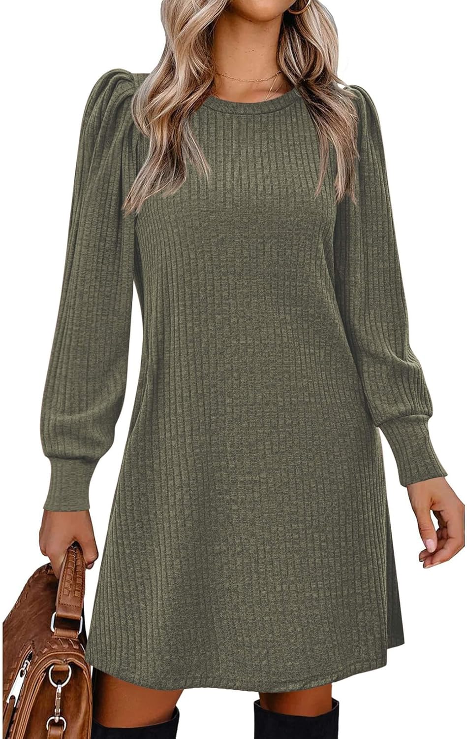 Zeagoo Women's Knit Dress with Puff Sleeves for Fall & Winter - Round Neck Casual Tunic Dress