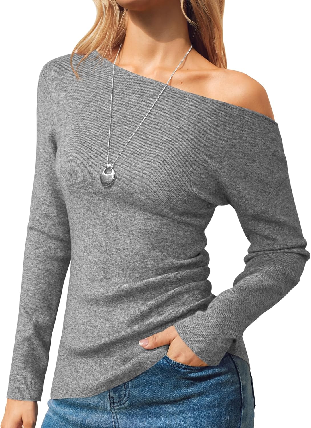 Arach&Cloz Women's Wool Blend Off The Shoulder Ruched Slim Fit Fall Sweaters 2025