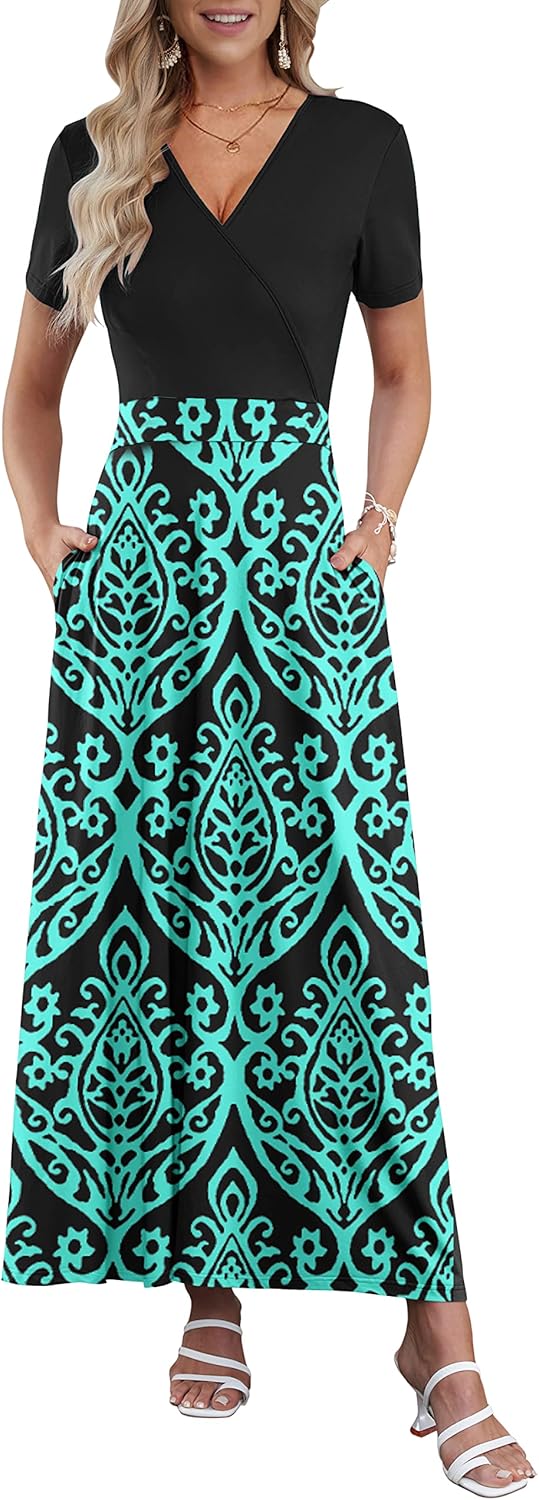 AUSELILY Maxi Dresses for Women Ankle Length Floral Print Beach Long Flowy Dress with Pockets